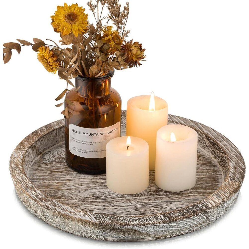 Candle Plate Holder Tray Whitewash Round Wood Decorative Candle Plate Rustic